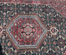 Load image into Gallery viewer, "Sultan’s Hexagon" Hand-Knotted Wool Rug – 70"x47" Hunter Green & Watermelon Red