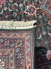 Load image into Gallery viewer, "Sultan’s Hexagon" Hand-Knotted Wool Rug – 70"x47" Hunter Green & Watermelon Red