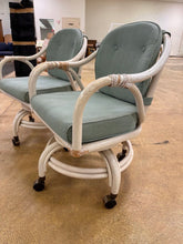 Load image into Gallery viewer, Pair Vintage Rattan Swivel Rolling Dining Chairs White Sage Green Cushions