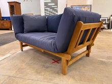 Load image into Gallery viewer, Wood Frame Outdoor Sofa with Navy Cushions and Dual Pull-Out Side Tables