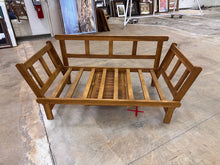 Load image into Gallery viewer, Wood Frame Outdoor Sofa with Navy Cushions and Dual Pull-Out Side Tables