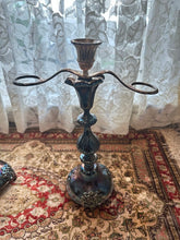 Load image into Gallery viewer, Vintage Silverplate Candelabra Set – Ornate 14" Two-Arm Candle Holders with Rose Motif Base & Patina Finish (5" Base)
