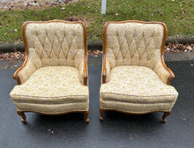 Load image into Gallery viewer, Pair of Vintage French Provincial Tufted Lounge Chairs – Floral Upholstery & Carved Wood Frames