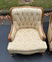 Load image into Gallery viewer, Pair of Vintage French Provincial Tufted Lounge Chairs – Floral Upholstery & Carved Wood Frames