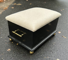Load image into Gallery viewer, Black Storage Footstool with Beige Upholstered Top – 16"x11"x10" Ottoman with Brass Handles & Ball Feet