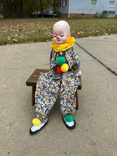 Load image into Gallery viewer, Vintage Clown Shelf Sitter Doll – 25” Handcrafted Fabric Clown with Painted Face, Pom-Pom Accents & Whimsical Charm