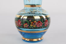 Load image into Gallery viewer, Vintage Italian Blue Glass Vase with Hand-Painted Floral & Gold Accents – 4.5"