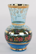 Load image into Gallery viewer, Vintage Italian Blue Glass Vase with Hand-Painted Floral & Gold Accents – 4.5"