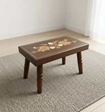 Load image into Gallery viewer, 1991 Ebersol Chair Shop Handcrafted Wooden Footstool β 12"x7" Folk Art Bench with Acorn & Leaf Design