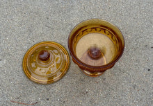 Load image into Gallery viewer, Amber Glass Lidded Candy Dish – 7.25" Tall Pedestal Compote with Lid