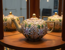 Load image into Gallery viewer, Vintage Cloisonné Enamel Teapot – Floral Motif, Brass with Lilac, Green & Gold Enamel, 5” x 3”