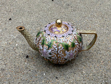 Load image into Gallery viewer, Vintage Cloisonné Enamel Teapot – Floral Motif, Brass with Lilac, Green & Gold Enamel, 5” x 3”