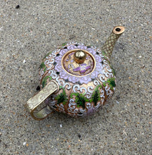 Load image into Gallery viewer, Vintage Cloisonné Enamel Teapot – Floral Motif, Brass with Lilac, Green & Gold Enamel, 5” x 3”