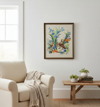Load image into Gallery viewer, Framed Crewel Embroidery Art – 19.5" x 24" Hand-Stitched Quail & Wildflowers Scene