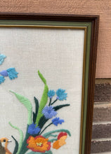 Load image into Gallery viewer, Framed Crewel Embroidery Art – 19.5" x 24" Hand-Stitched Quail & Wildflowers Scene