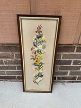 Load image into Gallery viewer, Hand-Embroidered Floral Crewel Art – 10.5" x 25.75" Framed Vertical Wildflower Design