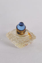 Load image into Gallery viewer, Pair of Vintage Cut Glass Perfume Bottles with Ornate Jeweled Blue Stoppers – Vanity Collectible