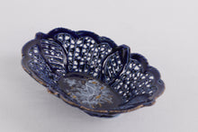 Load image into Gallery viewer, Vintage Cobalt Blue Reticulated Porcelain Dish – Hand Painted Floral Basket, 4" x 2.75"