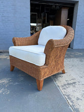 Load image into Gallery viewer, Ethan Allen Curved Rattan Armchair with White Cushions