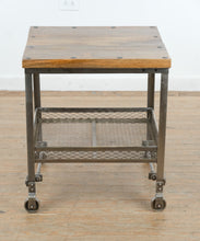 Load image into Gallery viewer, Industrial Steel and Wood Side Table with Casters and Mesh Shelf by Go Home