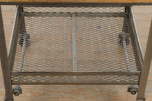 Load image into Gallery viewer, Industrial Steel and Wood Side Table with Casters and Mesh Shelf by Go Home