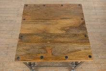 Load image into Gallery viewer, Industrial Steel and Wood Side Table with Casters and Mesh Shelf by Go Home