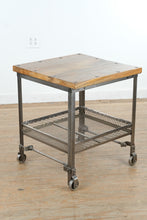 Load image into Gallery viewer, Industrial Steel and Wood Side Table with Casters and Mesh Shelf by Go Home