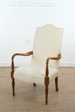 Load image into Gallery viewer, Traditional Upholstered Armchair with Carved Wood Frame and Ivory Diamond Pattern Fabric