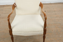 Load image into Gallery viewer, Traditional Upholstered Armchair with Carved Wood Frame and Ivory Diamond Pattern Fabric