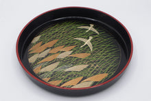Load image into Gallery viewer, Japanese Lacquer Style Round Serving Tray Birds Reeds Grass 12 Inch