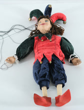 Load image into Gallery viewer, Jester Marionette Puppet – Hand-Painted Face, Velvet Costume & Wooden Control Bar (17")