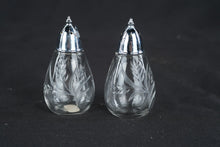 Load image into Gallery viewer, Fostoria Etched Glass Salt and Pepper Shakers Silver Tone Tops Set