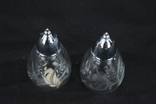 Load image into Gallery viewer, Fostoria Etched Glass Salt and Pepper Shakers Silver Tone Tops Set