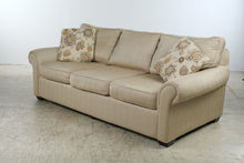 Load image into Gallery viewer, KFI Golden Wheat Upholstered 3-Seat Sofa with Rolled Arms & Floral Accent Pillows