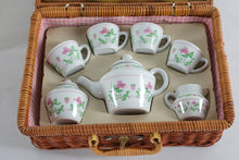 Load image into Gallery viewer, Vintage Child Porcelain Tea Set with Wicker Picnic Basket Doll Play Set