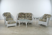 Load image into Gallery viewer, Vintage Lloyd Loom Wicker Patio Furniture Set with Tropical Upholstery and Glass Tables