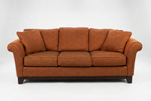 Load image into Gallery viewer, La-Z-Boy Burnt Orange Rust Upholstered Sofa – Swirl Pattern & Rolled Arms