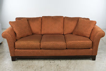 Load image into Gallery viewer, La-Z-Boy Burnt Orange Rust Upholstered Sofa – Swirl Pattern & Rolled Arms
