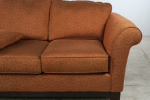 Load image into Gallery viewer, La-Z-Boy Burnt Orange Rust Upholstered Sofa – Swirl Pattern & Rolled Arms