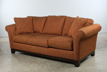 Load image into Gallery viewer, La-Z-Boy Burnt Orange Rust Upholstered Sofa – Swirl Pattern & Rolled Arms