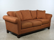 Load image into Gallery viewer, La-Z-Boy Burnt Orange Rust Upholstered Sofa – Swirl Pattern & Rolled Arms