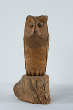 Load image into Gallery viewer, Hand Carved Wooden Owl Sculpture on Natural Log Base Signed Rich Snider