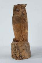 Load image into Gallery viewer, Hand Carved Wooden Owl Sculpture on Natural Log Base Signed Rich Snider