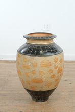 Load image into Gallery viewer, Large Art Pottery Floor Vase Pumpkin Vine Relief Black Glaze 30 Inch