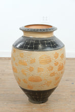 Load image into Gallery viewer, Large Art Pottery Floor Vase Pumpkin Vine Relief Black Glaze 30 Inch