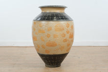 Load image into Gallery viewer, Large Art Pottery Floor Vase Pumpkin Vine Relief Black Glaze 30 Inch