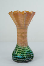 Load image into Gallery viewer, Extremely Rare Rindskopf Iridescent Art Glass Vase – 8-Ruffle Top, Twisted Rib, Dimpled Base – 12.75"