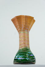 Load image into Gallery viewer, Extremely Rare Rindskopf Iridescent Art Glass Vase – 8-Ruffle Top, Twisted Rib, Dimpled Base – 12.75"