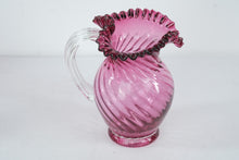 Load image into Gallery viewer, Fenton Cranberry Opalescent Swirl Glass Pitcher Ruffled Rim Clear Handle Large