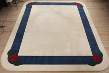Load image into Gallery viewer, Large Ivory Carpet Rug with Navy Border and Rounded Corners